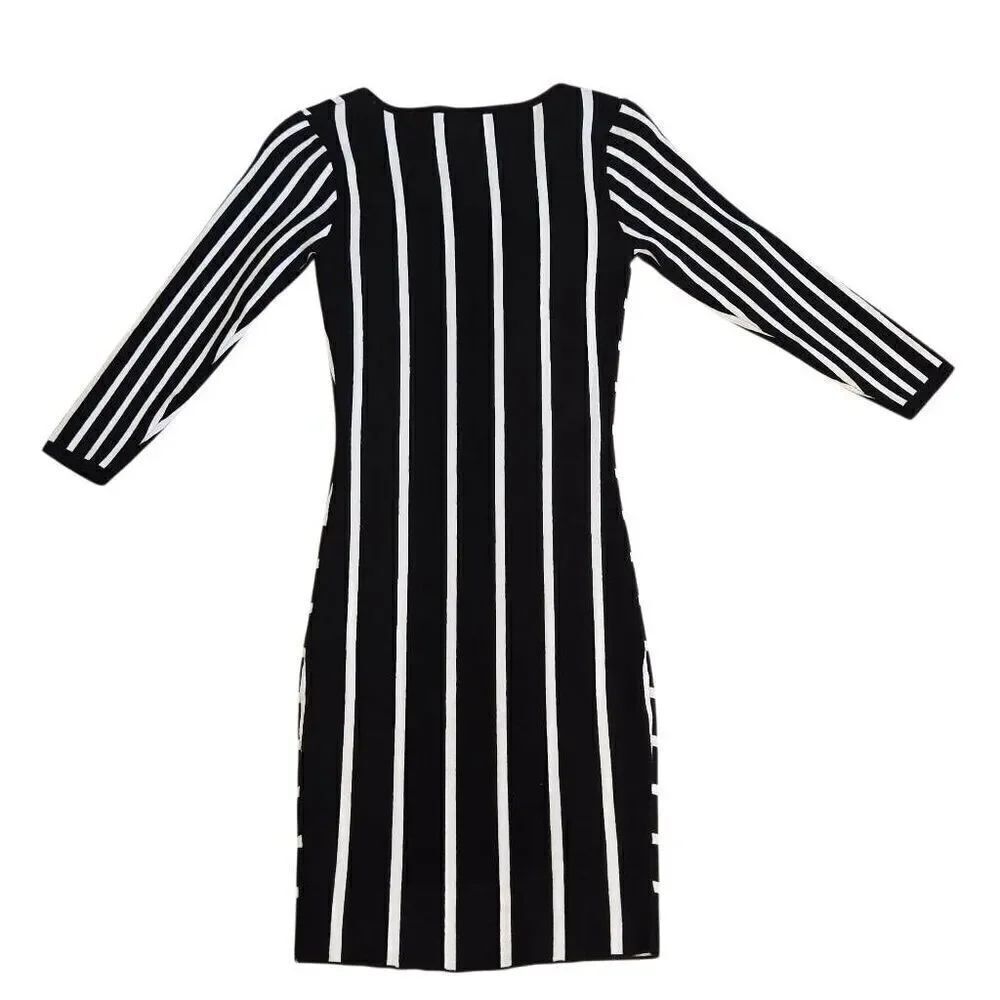 GB Gianni Bini Women's Striped 3/4 Sleeve Bodycon Sweater Dress Black White XS